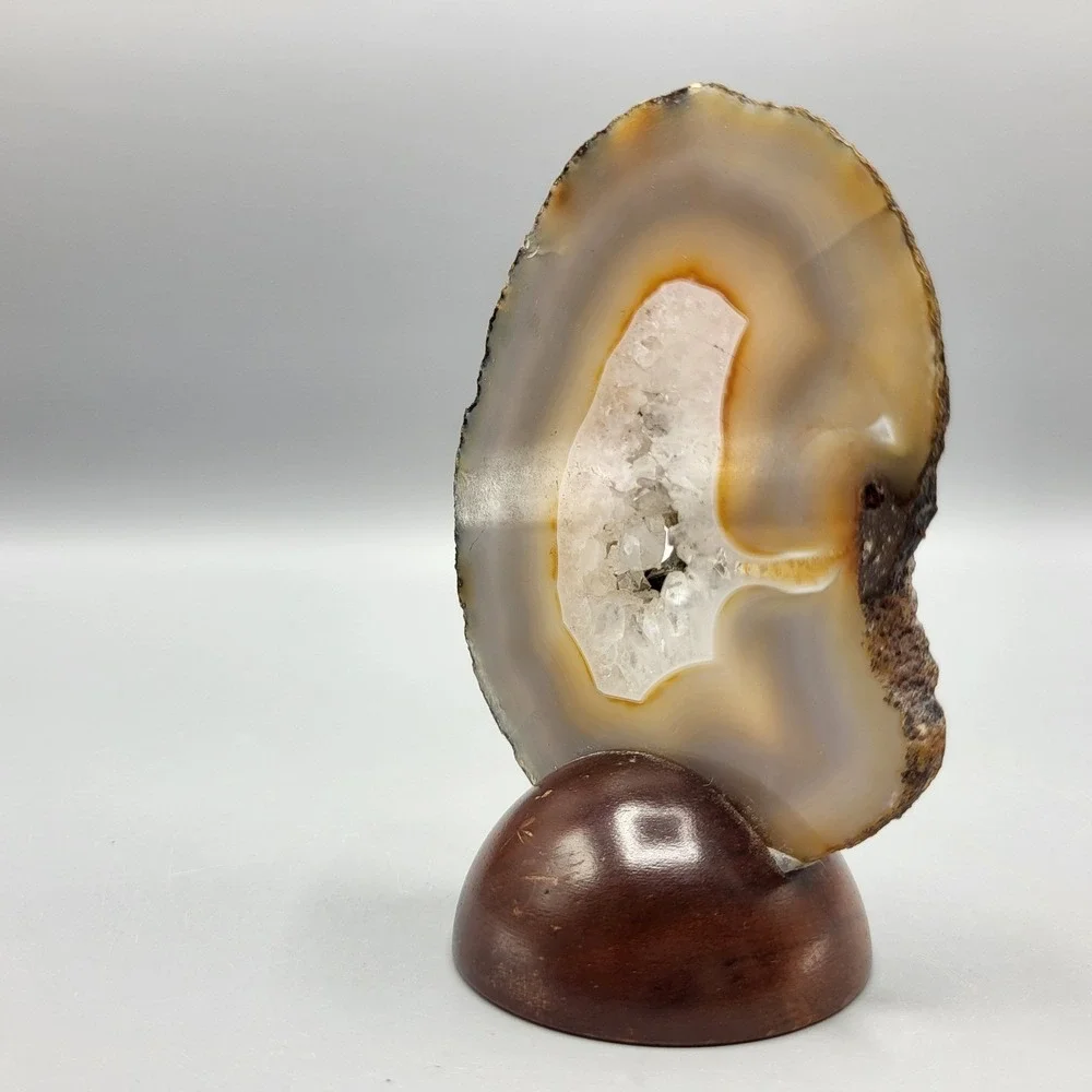Agate Geode Metal Eagle Figurine Brazilian Stone Wood Base Brown Shelf Decor